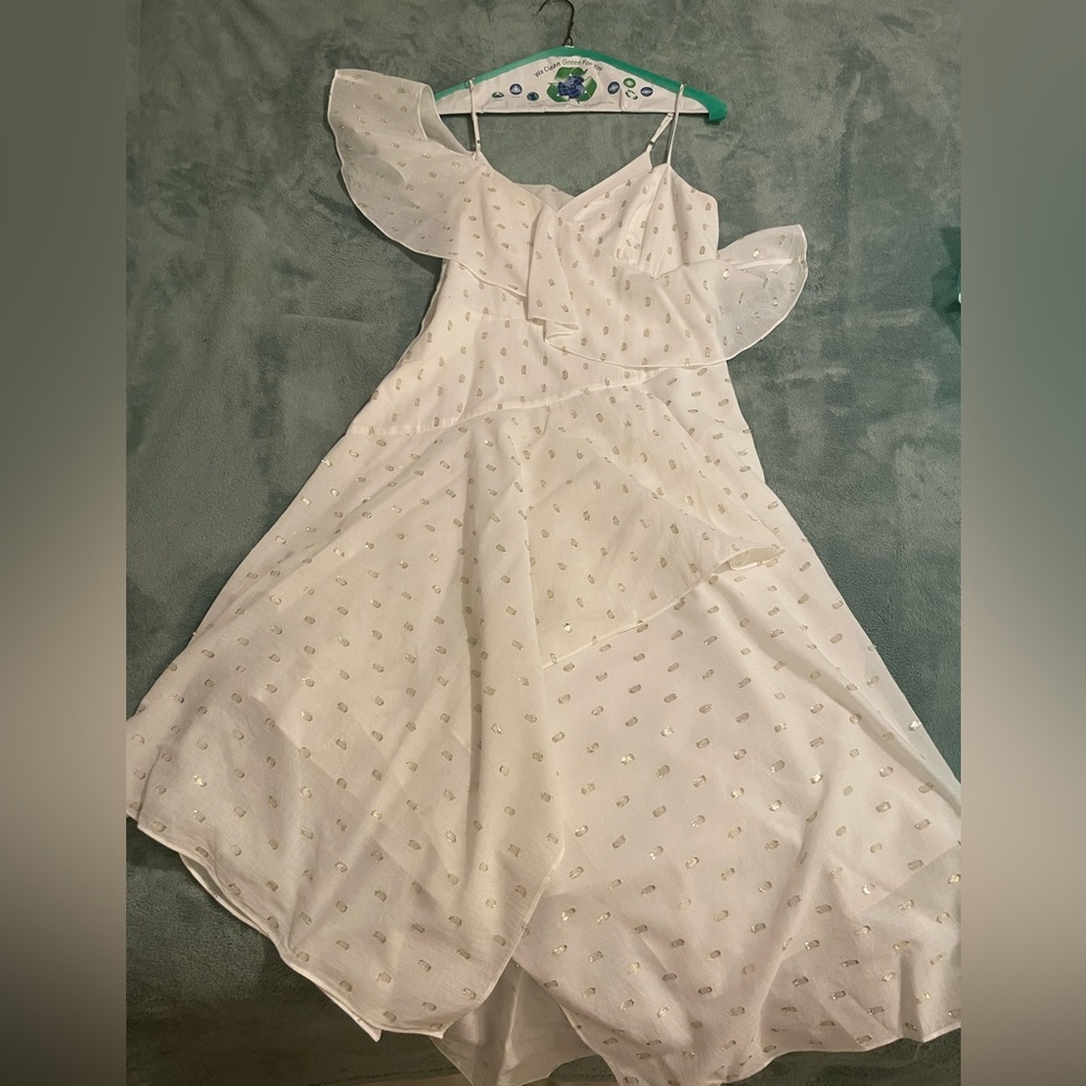 BCBGMaxAzeria Unique Flutter One Sleeve Style White Dress with Gold Dots